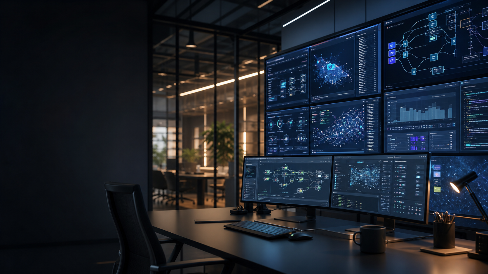 AI automation command center with dashboards, workflow graphs, and deployment telemetry